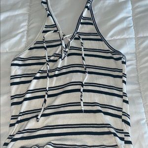 black and white striped wrap around the neck top